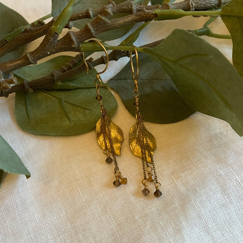 Gold Tone Leaf Earrings - Picture 3 of 6